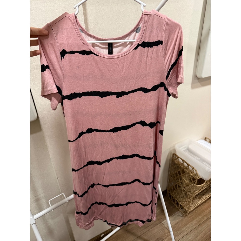 Dusdimon Pink Black Striped Short Sleeve Scoop Neck T-Shirt Dress Womens Large